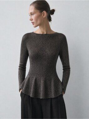 NEW Massimo Dutti Ribbed black metallic copper knit peplum LS crew sweater top